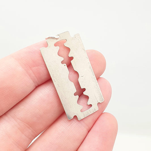 Vintage Sterling Silver Razor Blade Necklace Pendant Large Cutthroat Double Edge Solid 925 Womens Mens 1970s Retro Gift Jewelry Jewellery