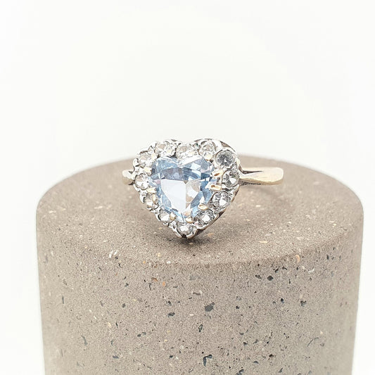 Vintage 9k 375 Gold Aquamarine Tone Topaz Heart Ring White Quartz Border Solid 9ct Cute Love Gift Hallmarked Womens Jewellery Jewelry