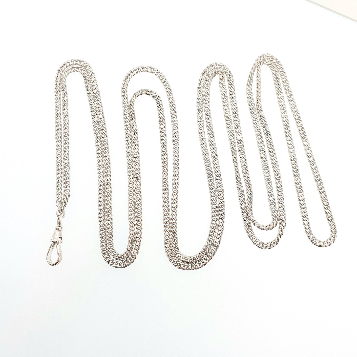 Antique Victorian Muff Chain Solid Silver Necklace Dog Clip 148cm 58" 35.98g Curb Link Very Long Heavy Guard Solid 925 Vintage Womens