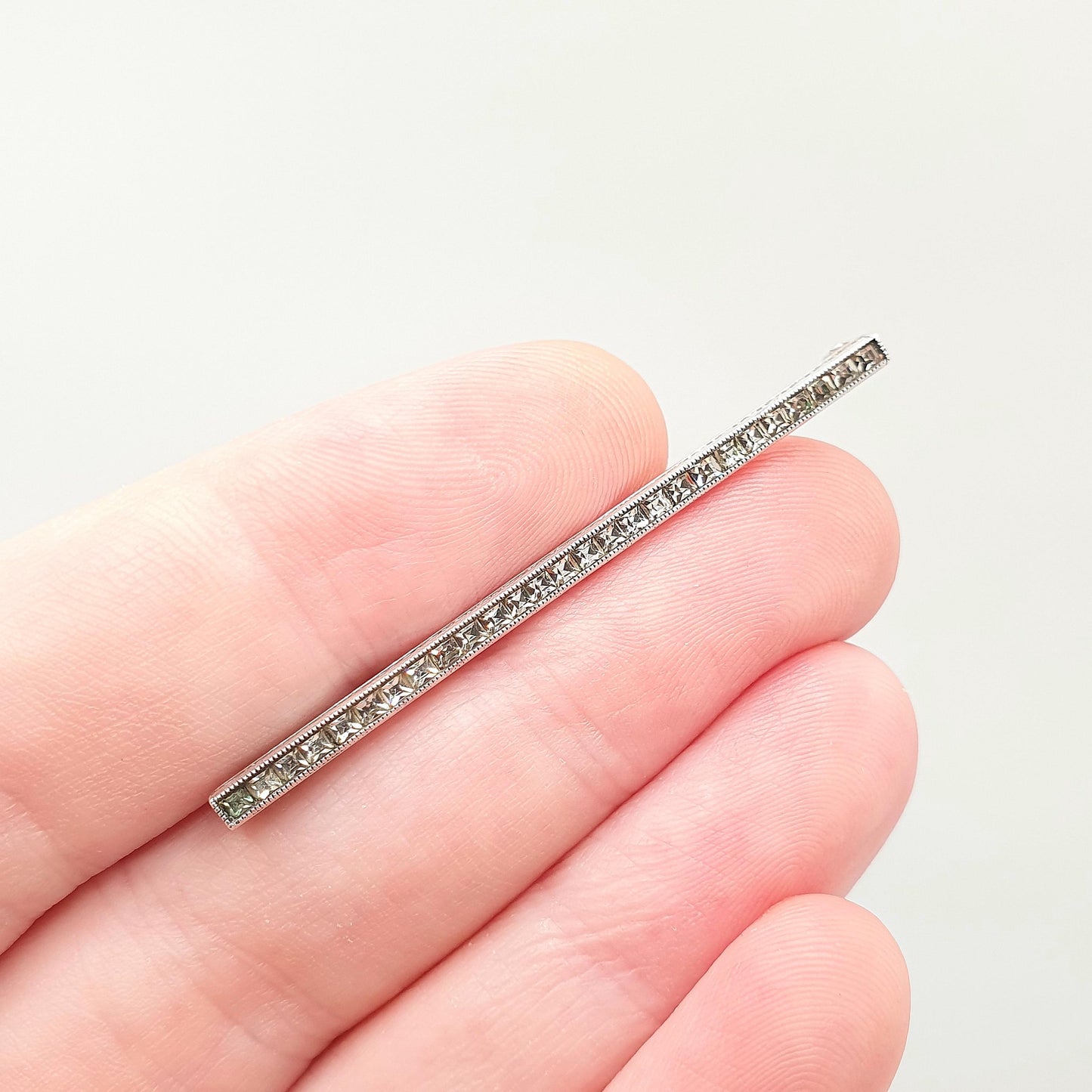 Antique Art Deco Sterling Silver Diamond Paste Bar Brooch Channel Set Square Cut Geometric 1920s Vintage Solid 925 Womens Jewellery Jewelry