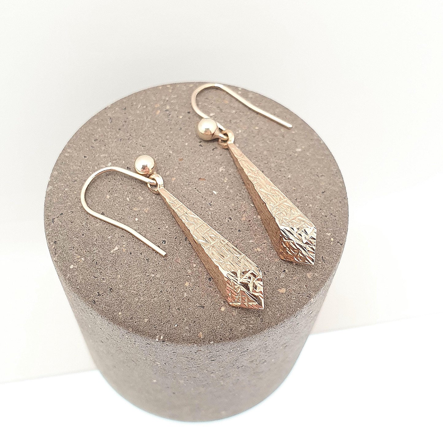 Vintage 9k 9ct Gold Earrings Torpedo Faceted Teardrop 1980s Solid 375 Hook Large Embossed Bauble Dangle Drop Womens Jewelry Jewellery