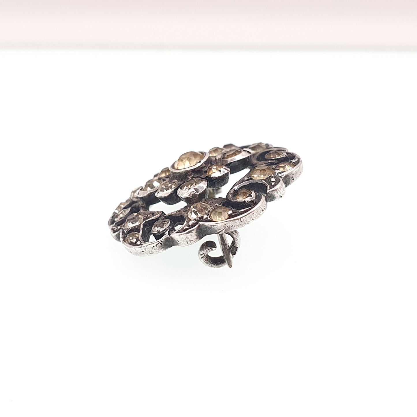 Antique Victorian Solid Silver Diamond Paste Brooch Spiral Scroll Old Cut German 1800s Sparkly Foiled Glass Womens Jewellery Jewelry