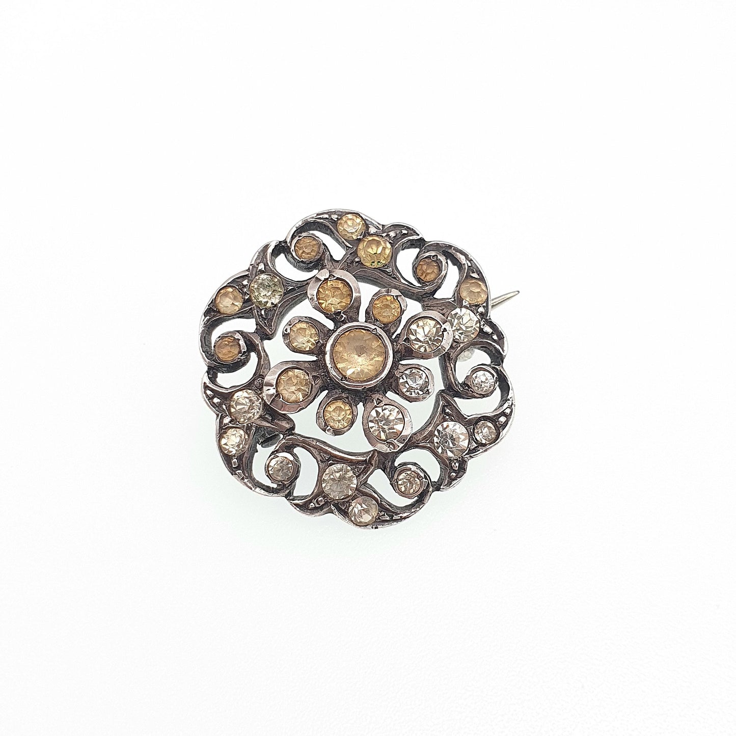 Antique Victorian Solid Silver Diamond Paste Brooch Spiral Scroll Old Cut German 1800s Sparkly Foiled Glass Womens Jewellery Jewelry