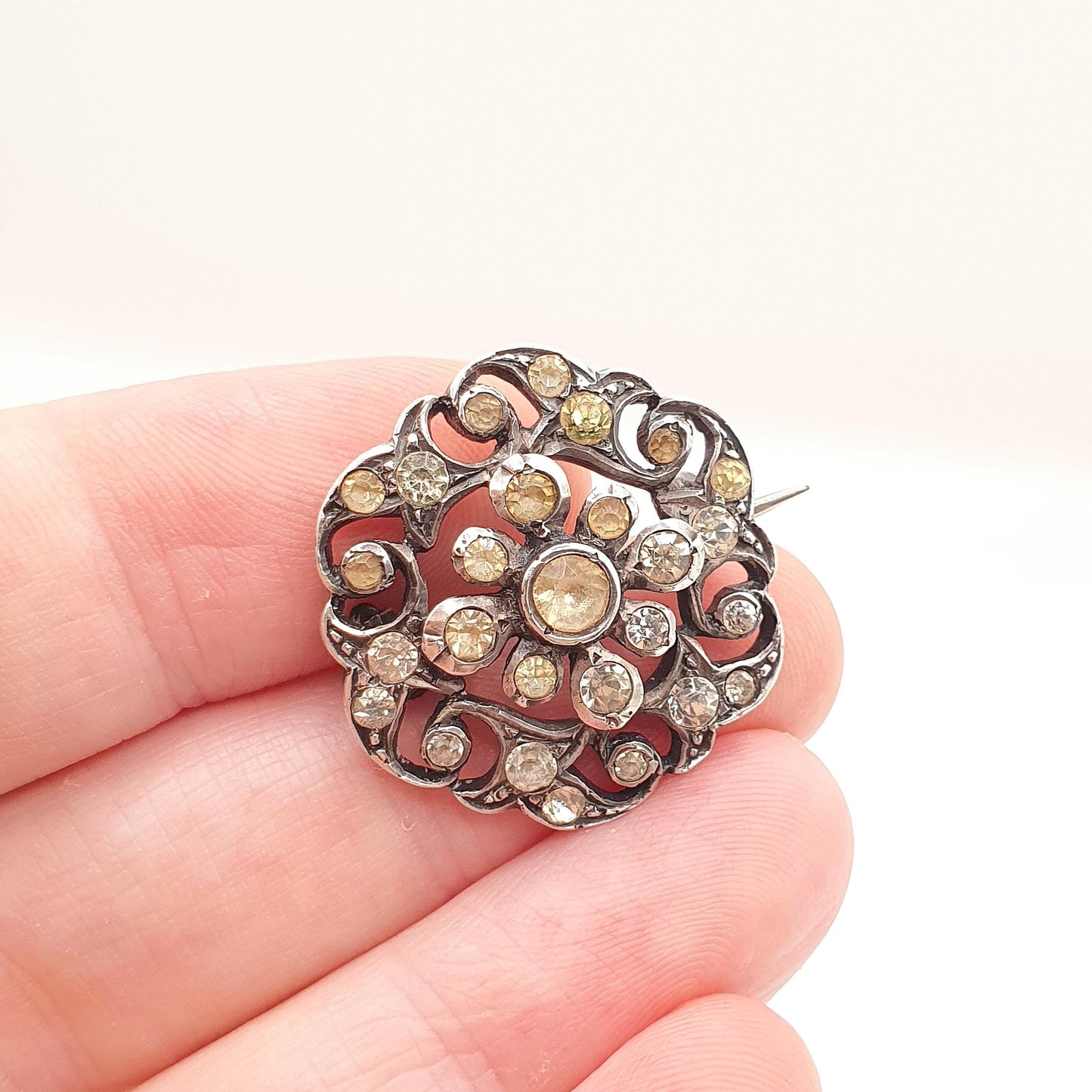 Antique Victorian Solid Silver Diamond Paste Brooch Spiral Scroll Old Cut German 1800s Sparkly Foiled Glass Womens Jewellery Jewelry