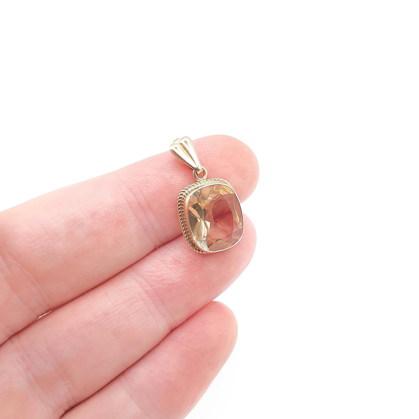 Vintage 9ct 9k Gold Citrine Pendant Necklace Solid 375 Rectangular Cushion Cut Orange Cognac Quartz Hallmarked Womens Jewellery Jewelry