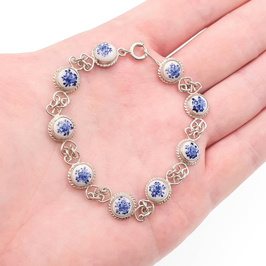 Vintage Dutch China Solid Silver Bracelet Flower Floral Dome Blue Ceramic Porcelain Chain Link Retro Womens Jewelry Jewellery