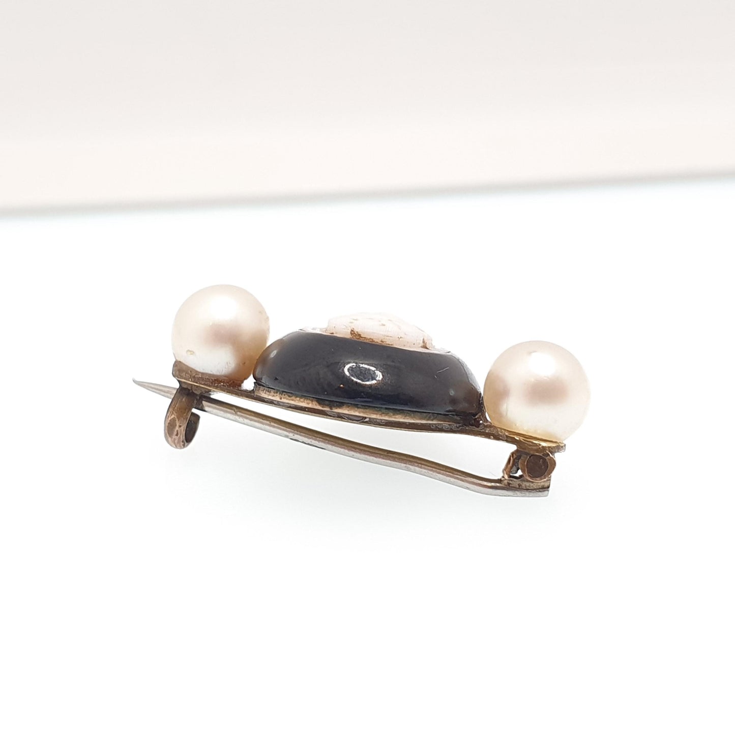 Antique Victorian Whitby Jet Cameo Brooch Cultured Pearl Pink Conch Shell Hand Carved Mourning Large 1800s Vintage Jewelry Jewellery