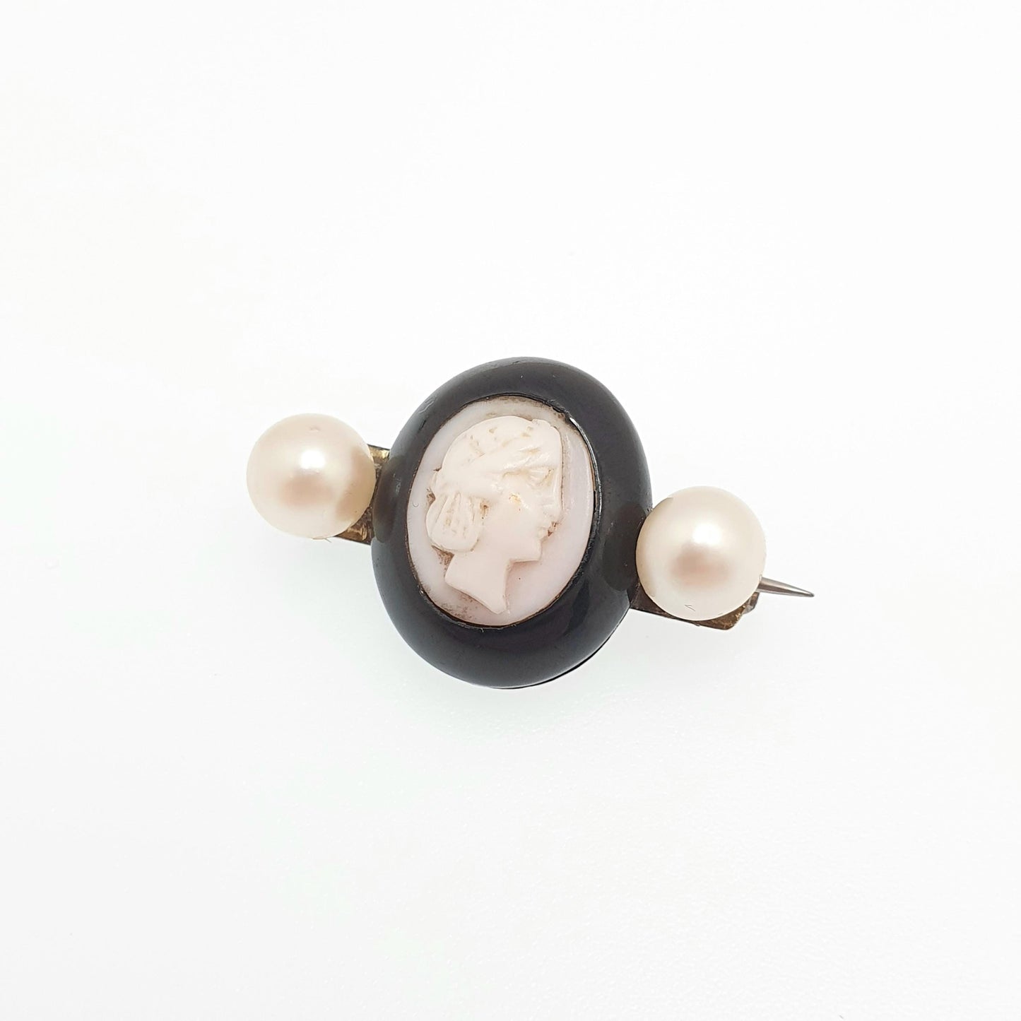 Antique Victorian Whitby Jet Cameo Brooch Cultured Pearl Pink Conch Shell Hand Carved Mourning Large 1800s Vintage Jewelry Jewellery