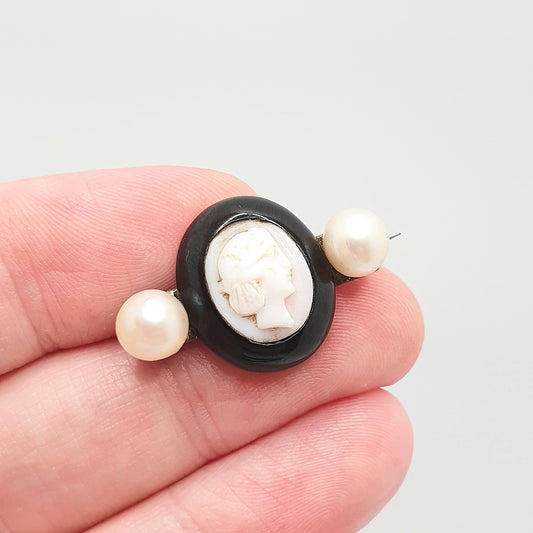 Antique Victorian Whitby Jet Cameo Brooch Cultured Pearl Pink Conch Shell Hand Carved Mourning Large 1800s Vintage Jewelry Jewellery