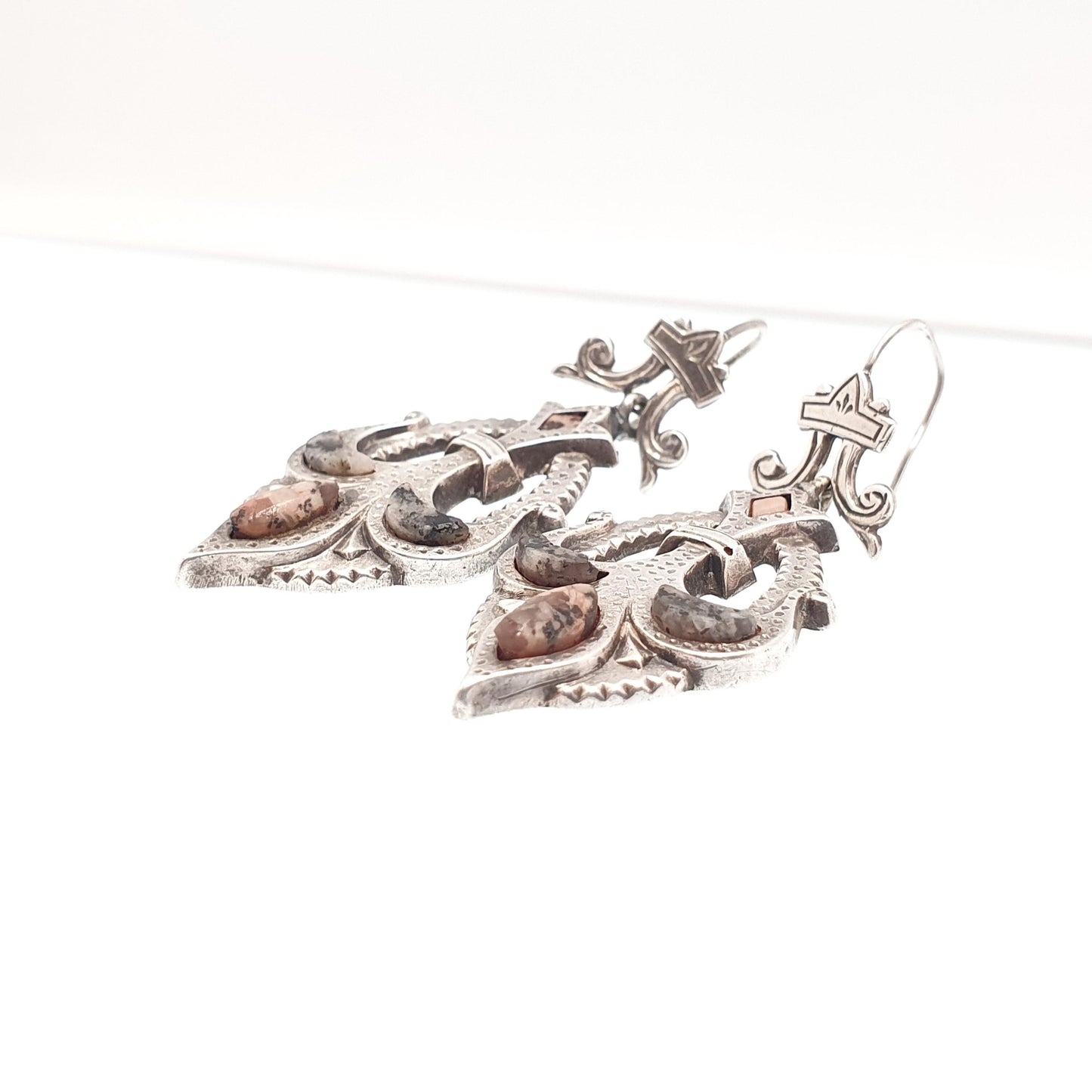 Antique Victorian Sterling Silver Scottish Earrings Aberdeenshire Granite Hardstone Hook Dangle Drop Scotland Womens Jewelry Jewellery
