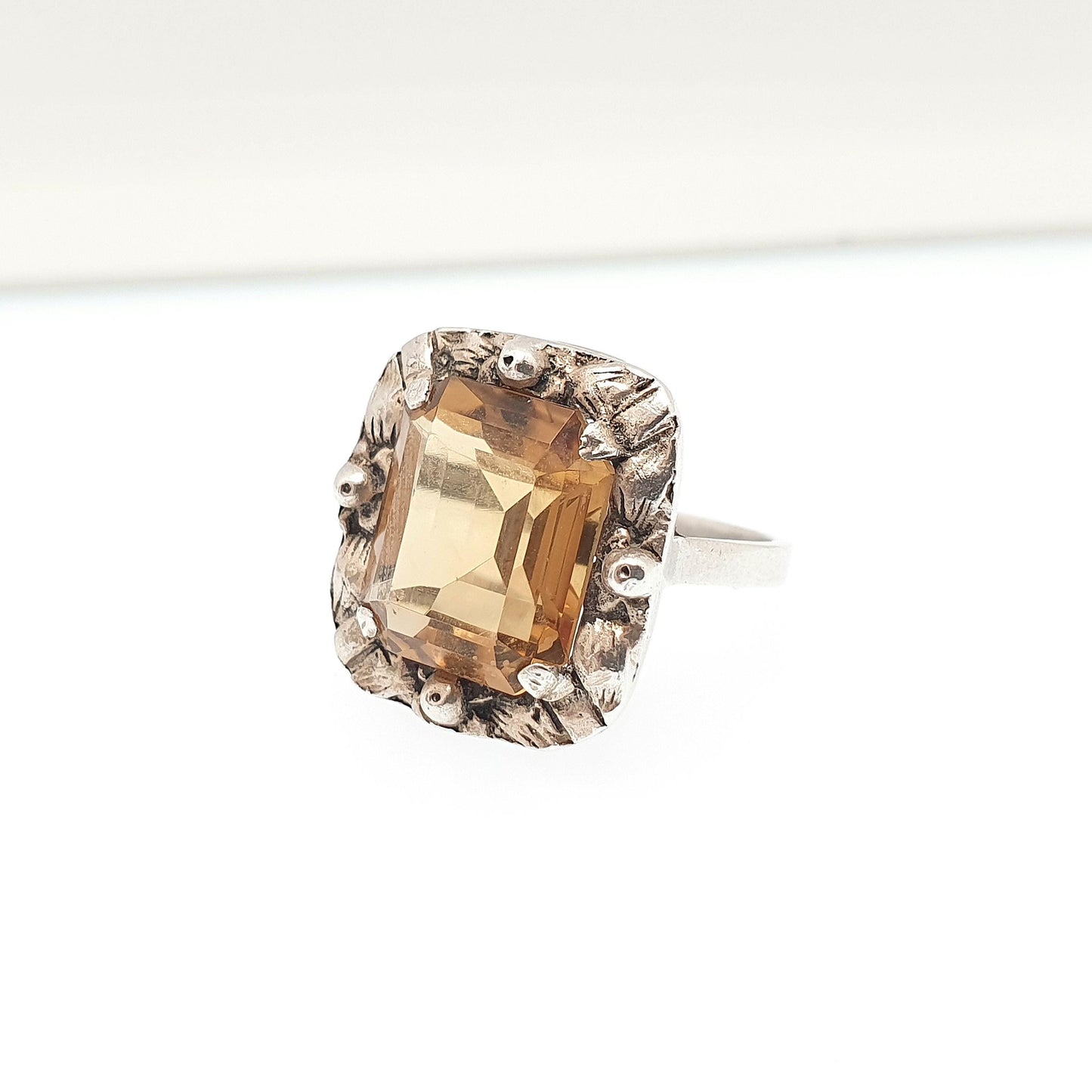 Antique Solid Silver Natural Citrine Ring Arts & Crafts Victorian Genuine Real Gemstone Rectangular Cut Vintage Women Jewellery Jewelry