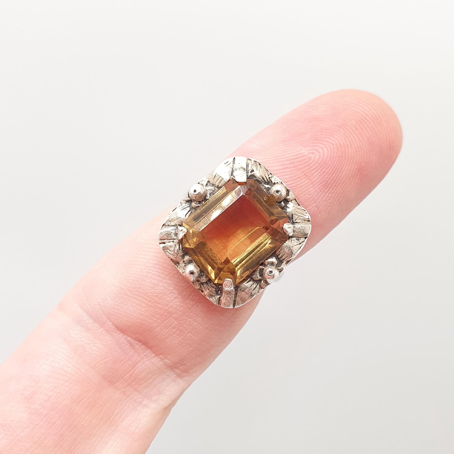 Antique Solid Silver Natural Citrine Ring Arts & Crafts Victorian Genuine Real Gemstone Rectangular Cut Vintage Women Jewellery Jewelry