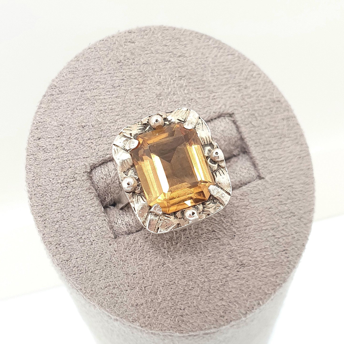 Antique Solid Silver Natural Citrine Ring Arts & Crafts Victorian Genuine Real Gemstone Rectangular Cut Vintage Women Jewellery Jewelry