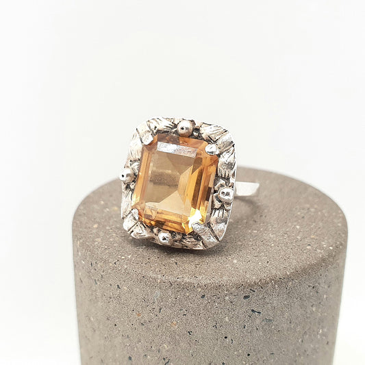 Antique Solid Silver Natural Citrine Ring Arts & Crafts Victorian Genuine Real Gemstone Rectangular Cut Vintage Women Jewellery Jewelry