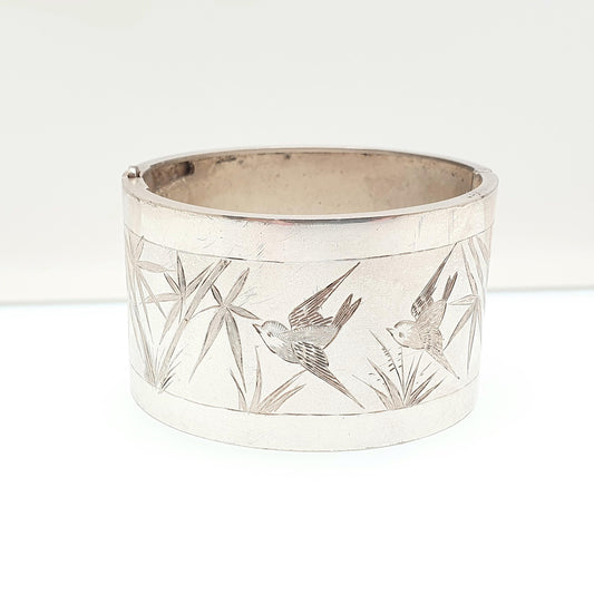 Antique Victorian Sterling Silver Bird Bracelet Bangle Vaughtons Hand Engraved Birds Thick Big 35.73g Swallow Vintage Jewelry Jewellery