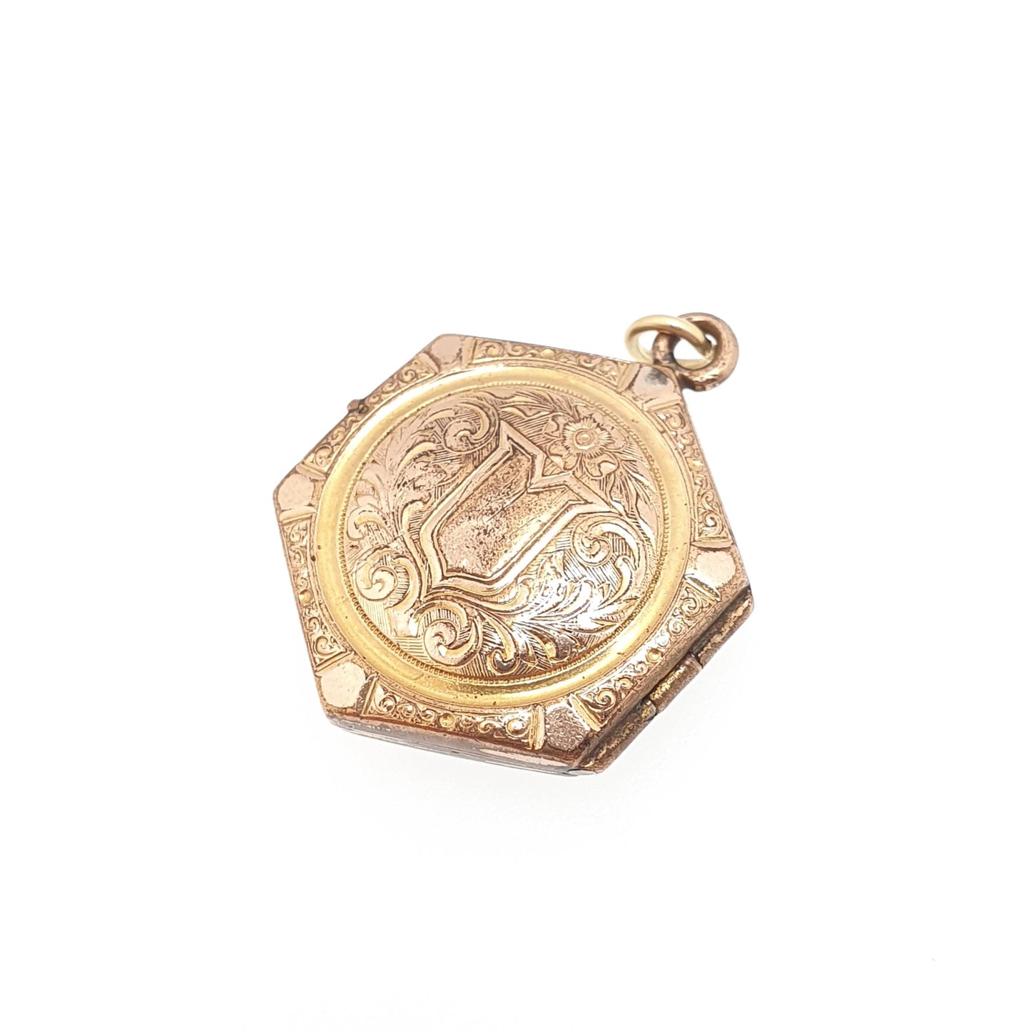 Antique Rolled Gold Hexagonal Locket Necklace Pendant Victorian Shield Rose Gold Filled Engraved Vintage Picture Photo Jewellery Jewelry