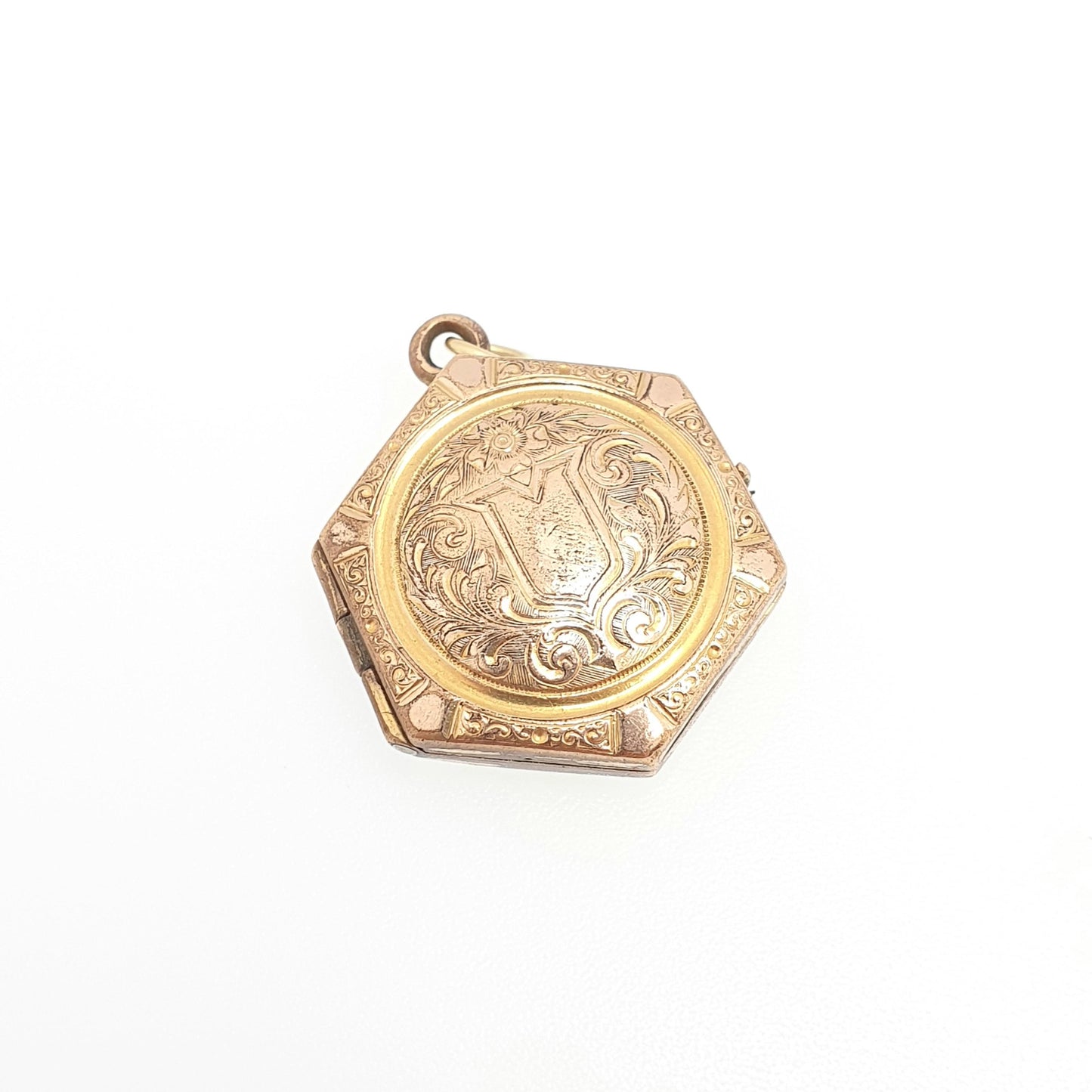 Antique Rolled Gold Hexagonal Locket Necklace Pendant Victorian Shield Rose Gold Filled Engraved Vintage Picture Photo Jewellery Jewelry