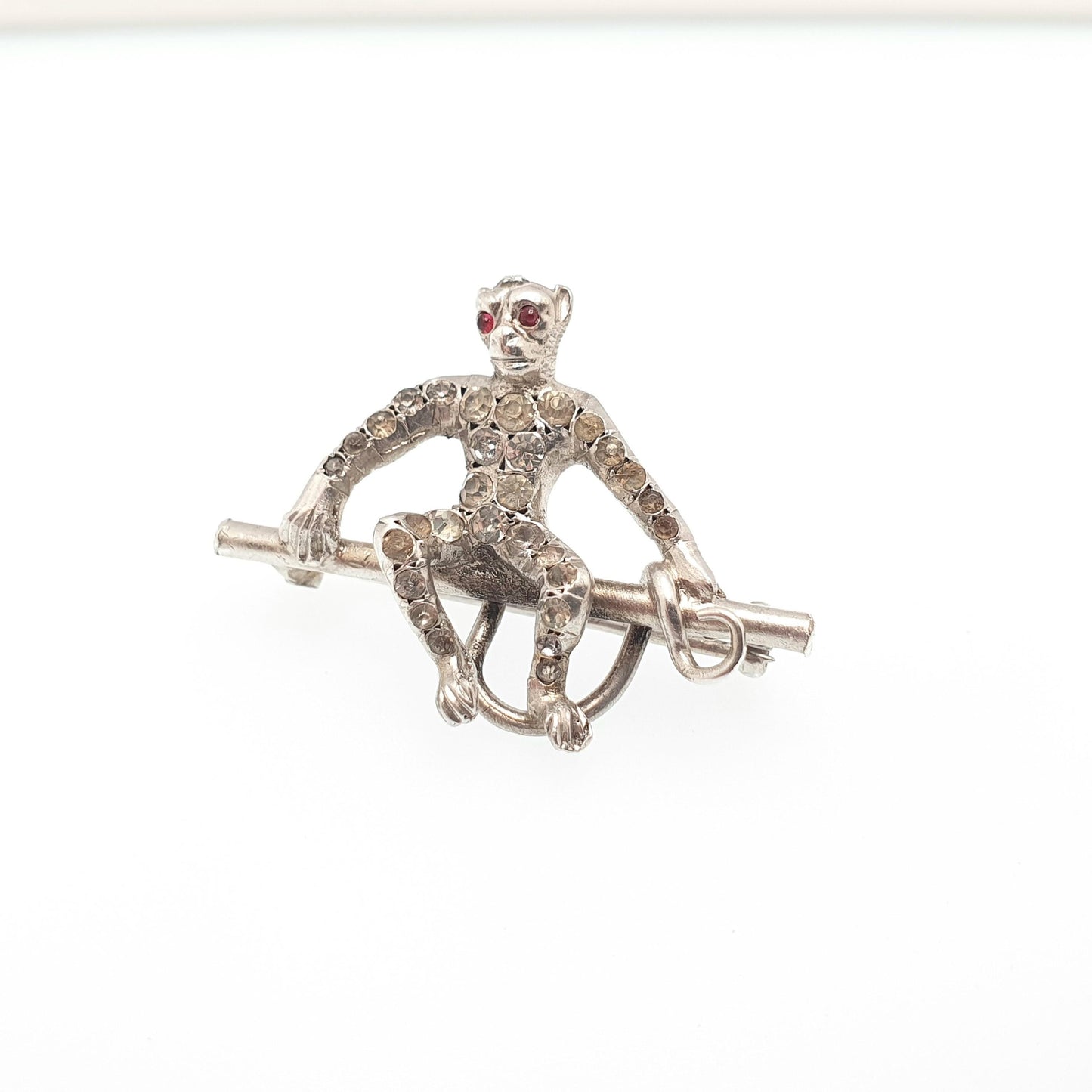Antique Sterling Silver Monkey Brooch Diamond Paste Victorian Ruby Paste Eyes Rare Chimp Ape Sitting Vintage Womens Jewelry Jewellery