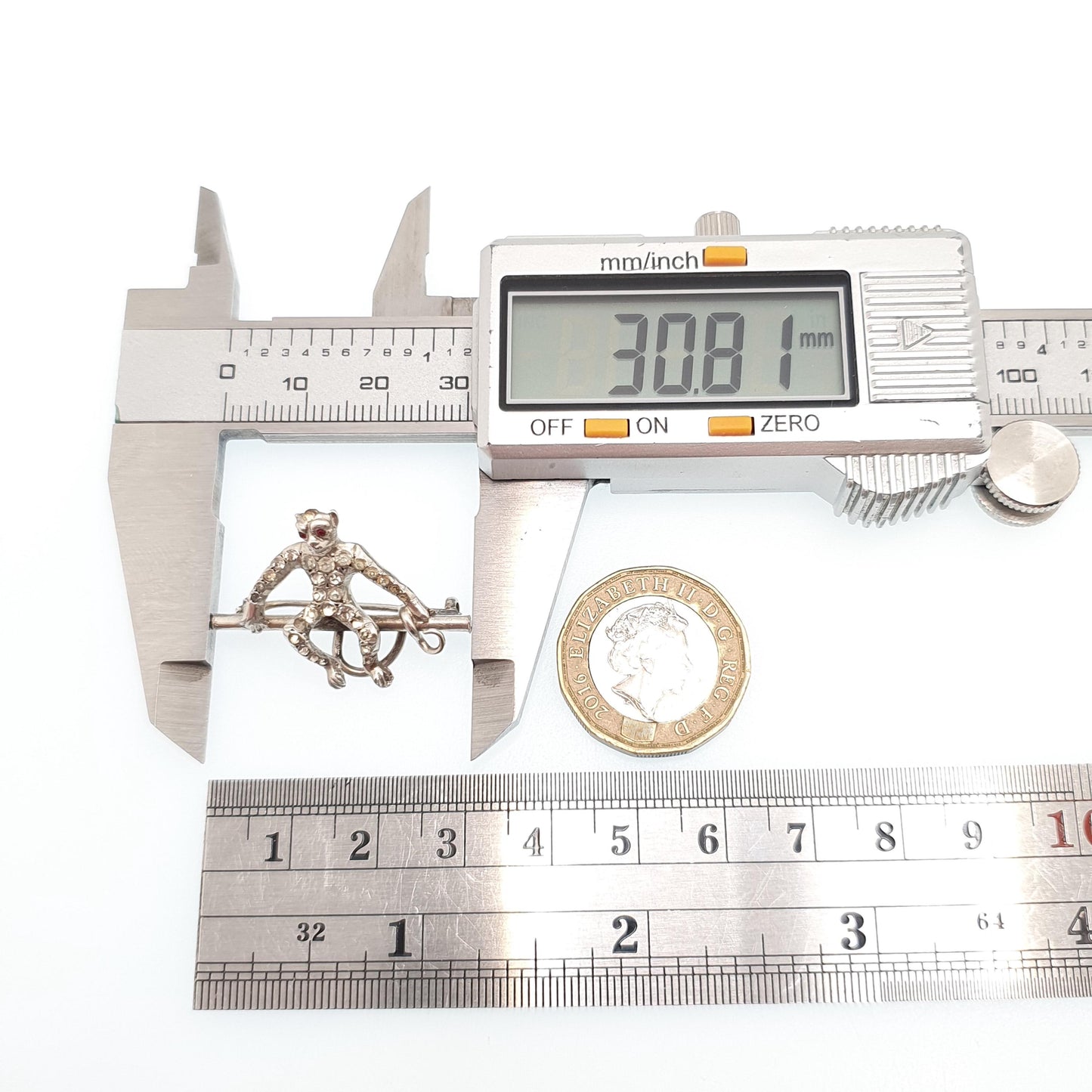 Antique Sterling Silver Monkey Brooch Diamond Paste Victorian Ruby Paste Eyes Rare Chimp Ape Sitting Vintage Womens Jewelry Jewellery