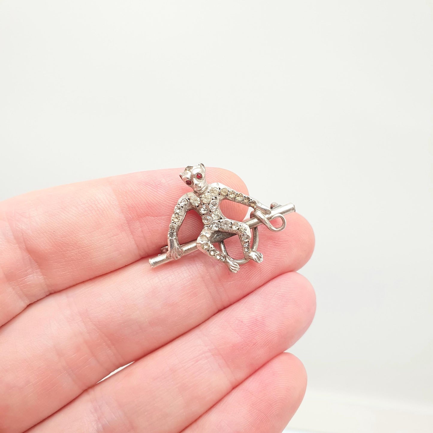 Antique Sterling Silver Monkey Brooch Diamond Paste Victorian Ruby Paste Eyes Rare Chimp Ape Sitting Vintage Womens Jewelry Jewellery