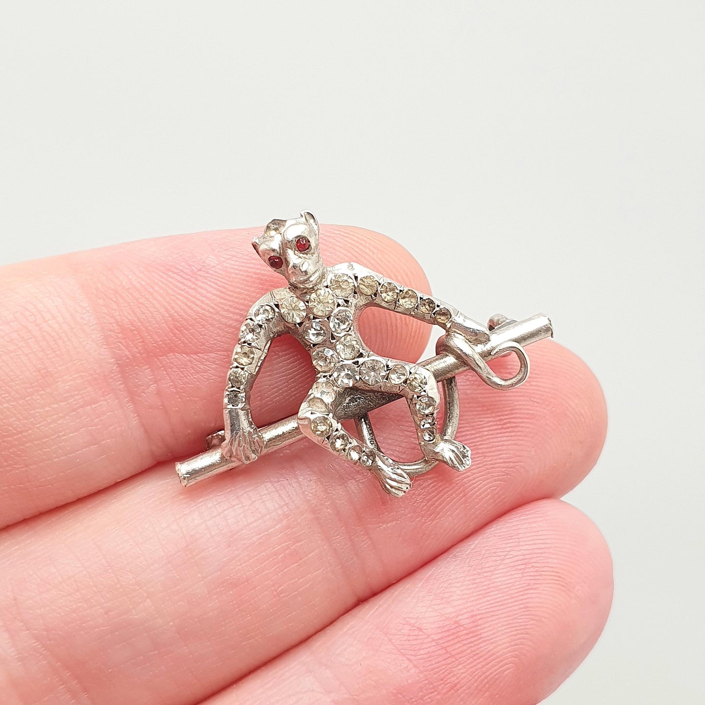 Antique Sterling Silver Monkey Brooch Diamond Paste Victorian Ruby Paste Eyes Rare Chimp Ape Sitting Vintage Womens Jewelry Jewellery