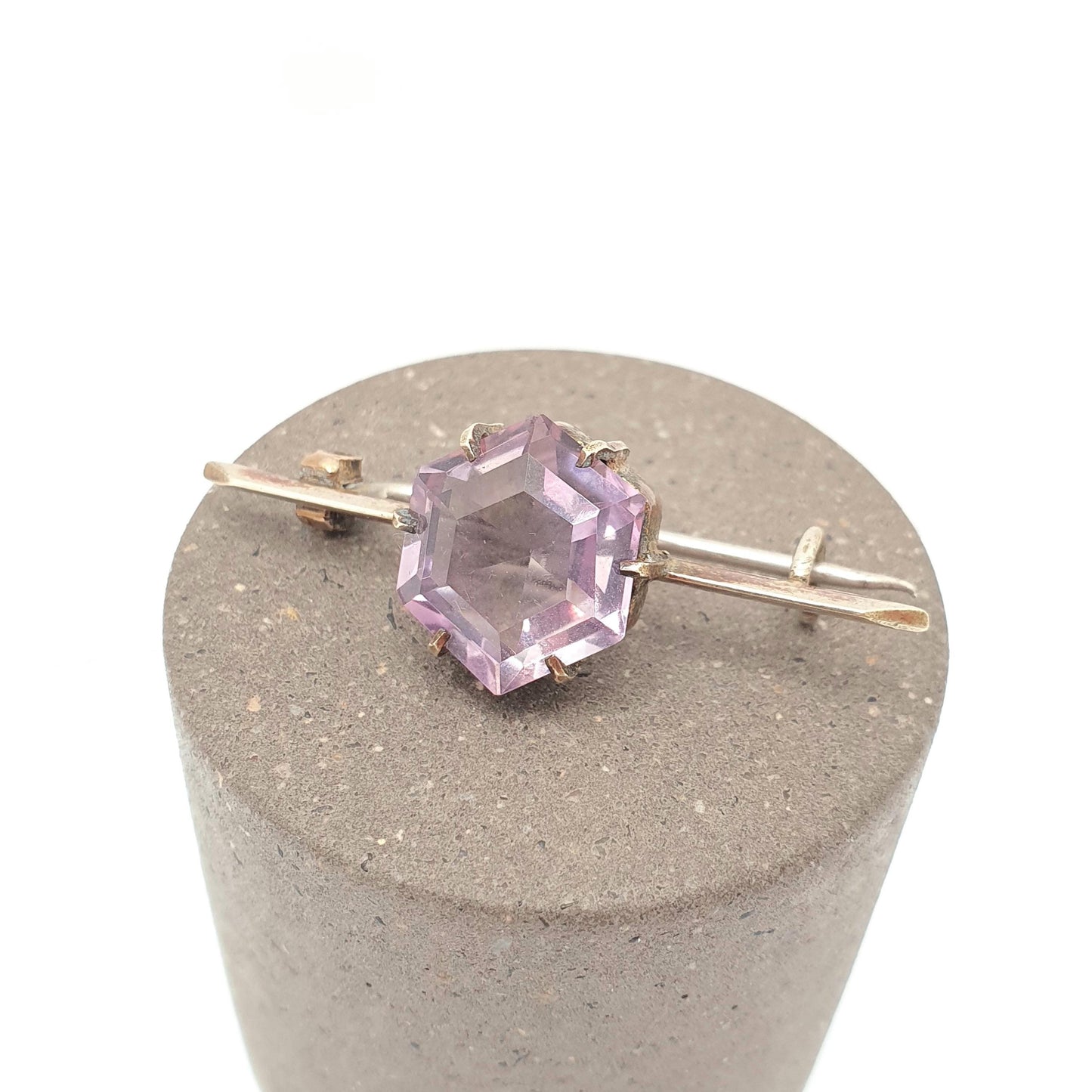 Antique Victorian Natural Amethyst Brooch Pin Hexagonal Hexagon Gold Gilt Genuine Gemstone Old Vintage 1800s Lilac Purple Womens Jewelry