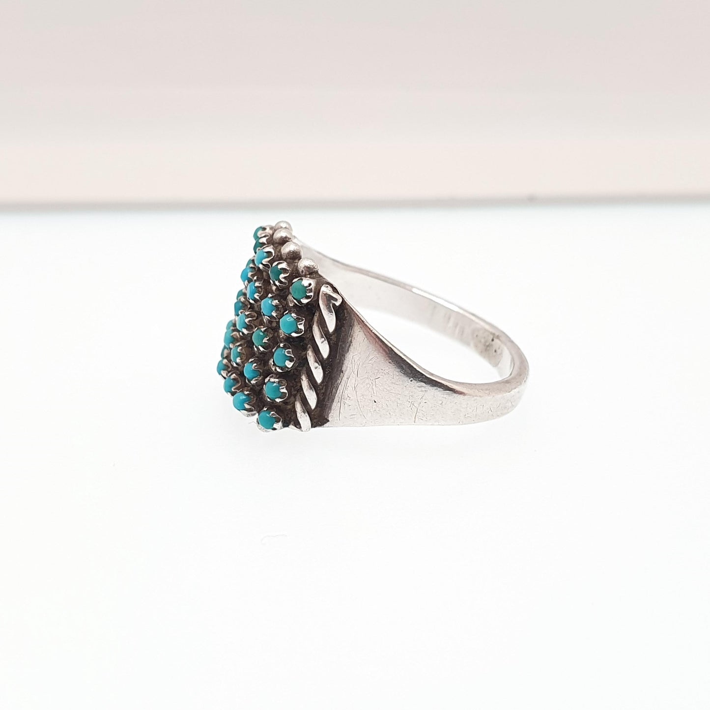 Antique Victorian Solid Silver Turquoise Ring Natural Gemstones Grid Square Signet Vintage 1800s Rare Genuine Womens Jewelry Jewellery