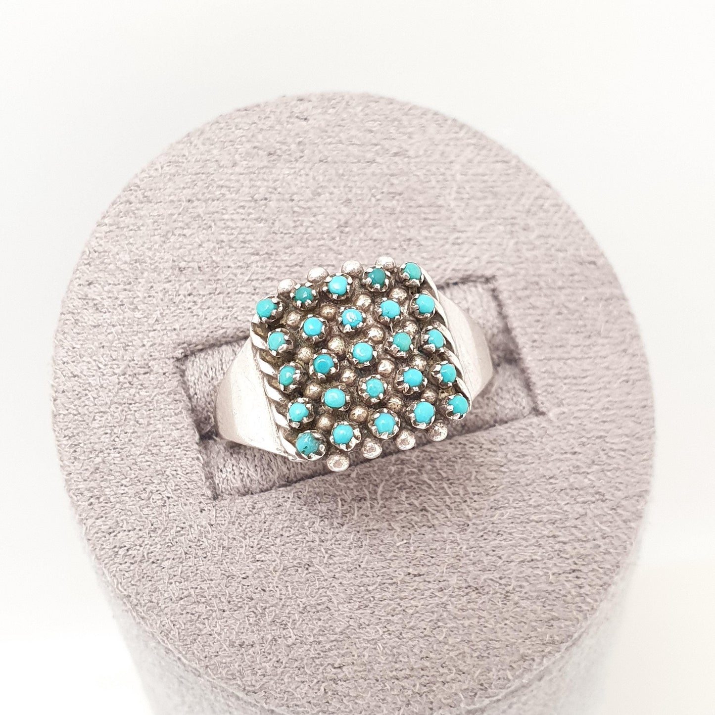 Antique Victorian Solid Silver Turquoise Ring Natural Gemstones Grid Square Signet Vintage 1800s Rare Genuine Womens Jewelry Jewellery