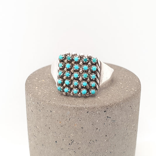 Antique Victorian Solid Silver Turquoise Ring Natural Gemstones Grid Square Signet Vintage 1800s Rare Genuine Womens Jewelry Jewellery