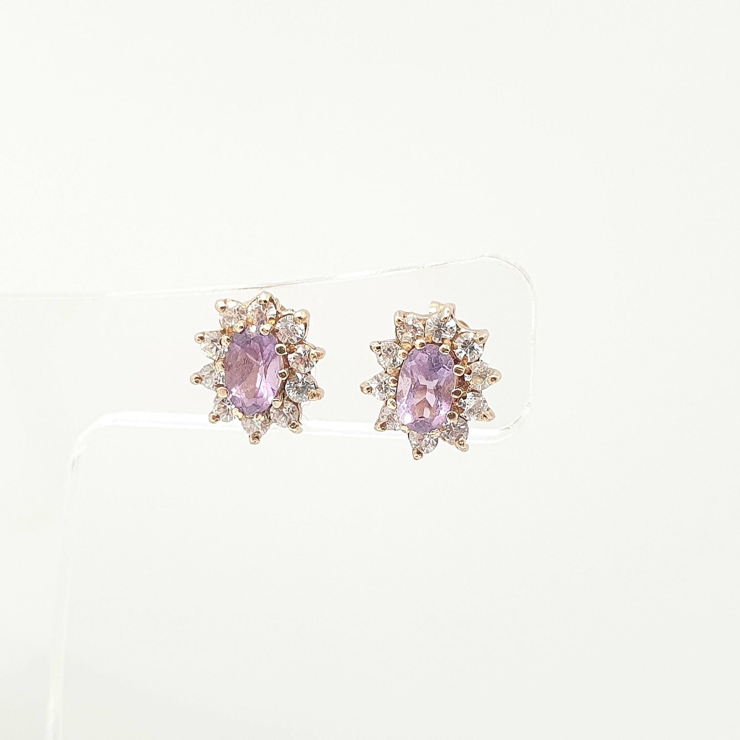 Vintage 9k 9ct Gold Amethyst Earrings Halo Cluster CZ Oval Cut Stud Solid 375 Pink Purple Gemstone Ladies Womens Jewelry Jewellery Retro