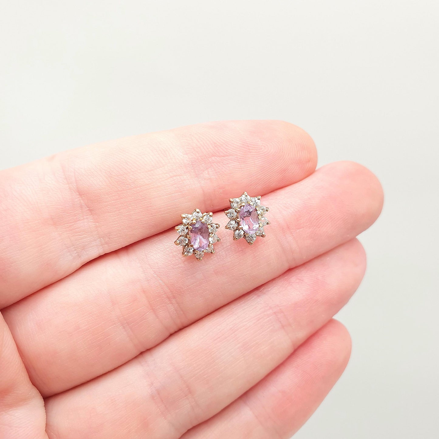 Vintage 9k 9ct Gold Amethyst Earrings Halo Cluster CZ Oval Cut Stud Solid 375 Pink Purple Gemstone Ladies Womens Jewelry Jewellery Retro
