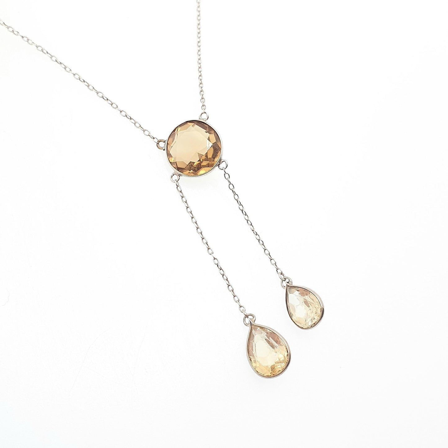 Antique Victorian Sterling Silver Citrine Pendant Necklace Quartz Lariat Lavaliere Gemstone Art Nouveau Vintage Women Jewelry Jewellery