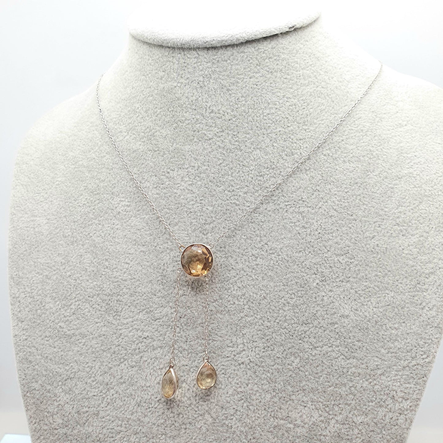 Antique Victorian Sterling Silver Citrine Pendant Necklace Quartz Lariat Lavaliere Gemstone Art Nouveau Vintage Women Jewelry Jewellery