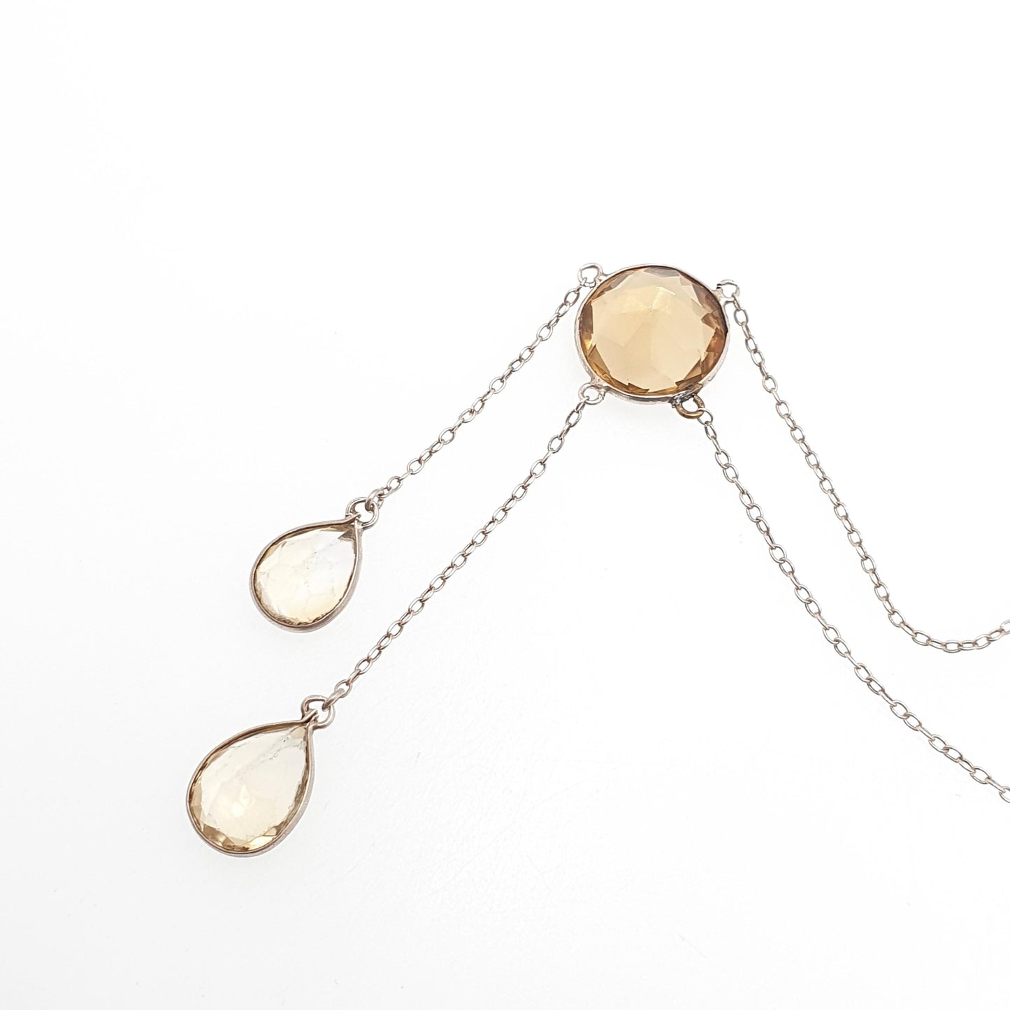 Antique Victorian Sterling Silver Citrine Pendant Necklace Quartz Lariat Lavaliere Gemstone Art Nouveau Vintage Women Jewelry Jewellery