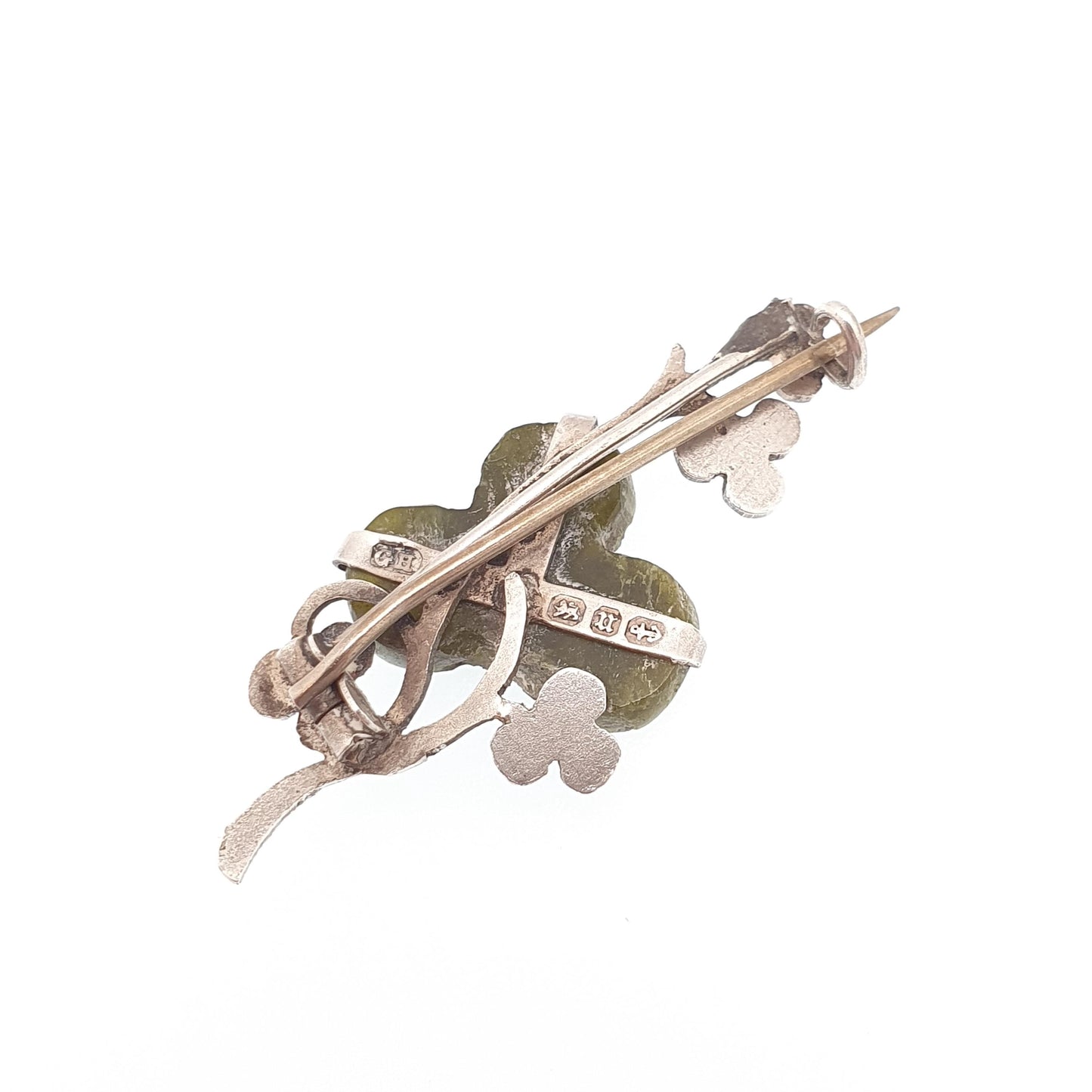 Antique Connemara Clover Brooch Sterling Silver Victorian Lucky Irish 1894 Hallmark Three Leaf Green Marble Shamrock Celtic Vintage Jewelry