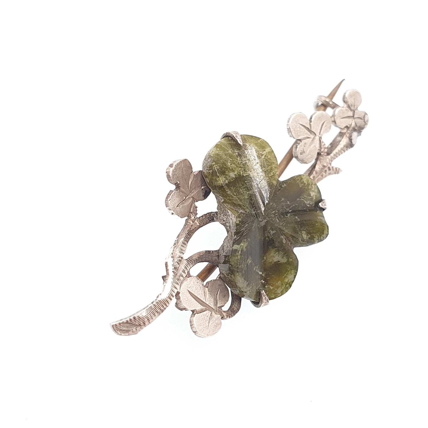 Antique Connemara Clover Brooch Sterling Silver Victorian Lucky Irish 1894 Hallmark Three Leaf Green Marble Shamrock Celtic Vintage Jewelry