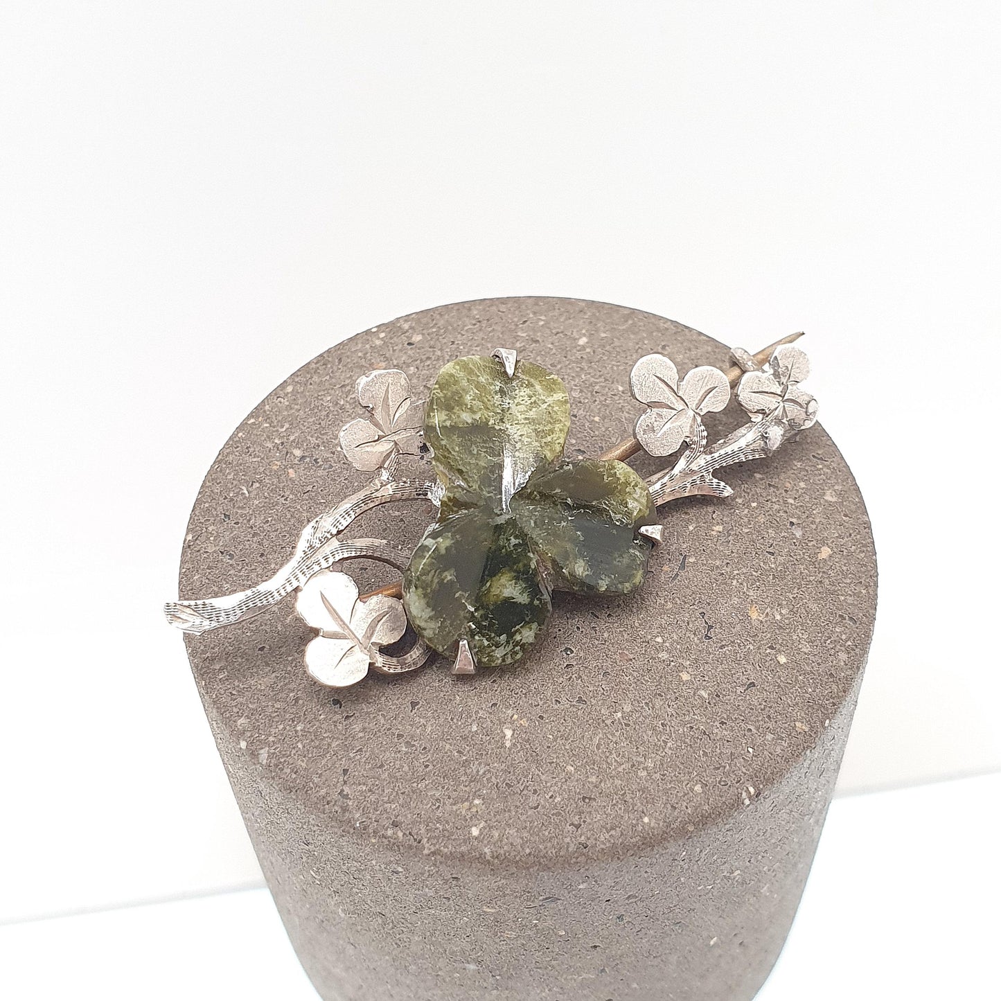 Antique Connemara Clover Brooch Sterling Silver Victorian Lucky Irish 1894 Hallmark Three Leaf Green Marble Shamrock Celtic Vintage Jewelry