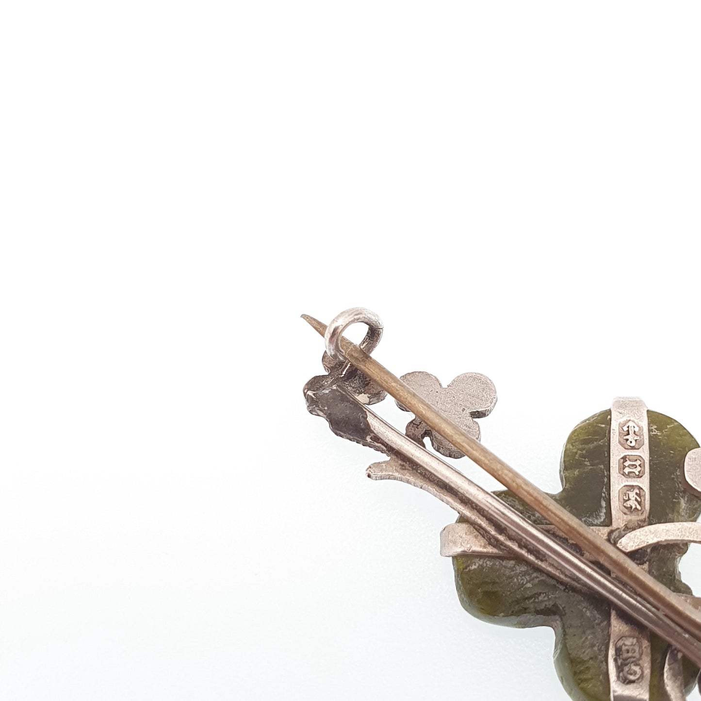 Antique Connemara Clover Brooch Sterling Silver Victorian Lucky Irish 1894 Hallmark Three Leaf Green Marble Shamrock Celtic Vintage Jewelry