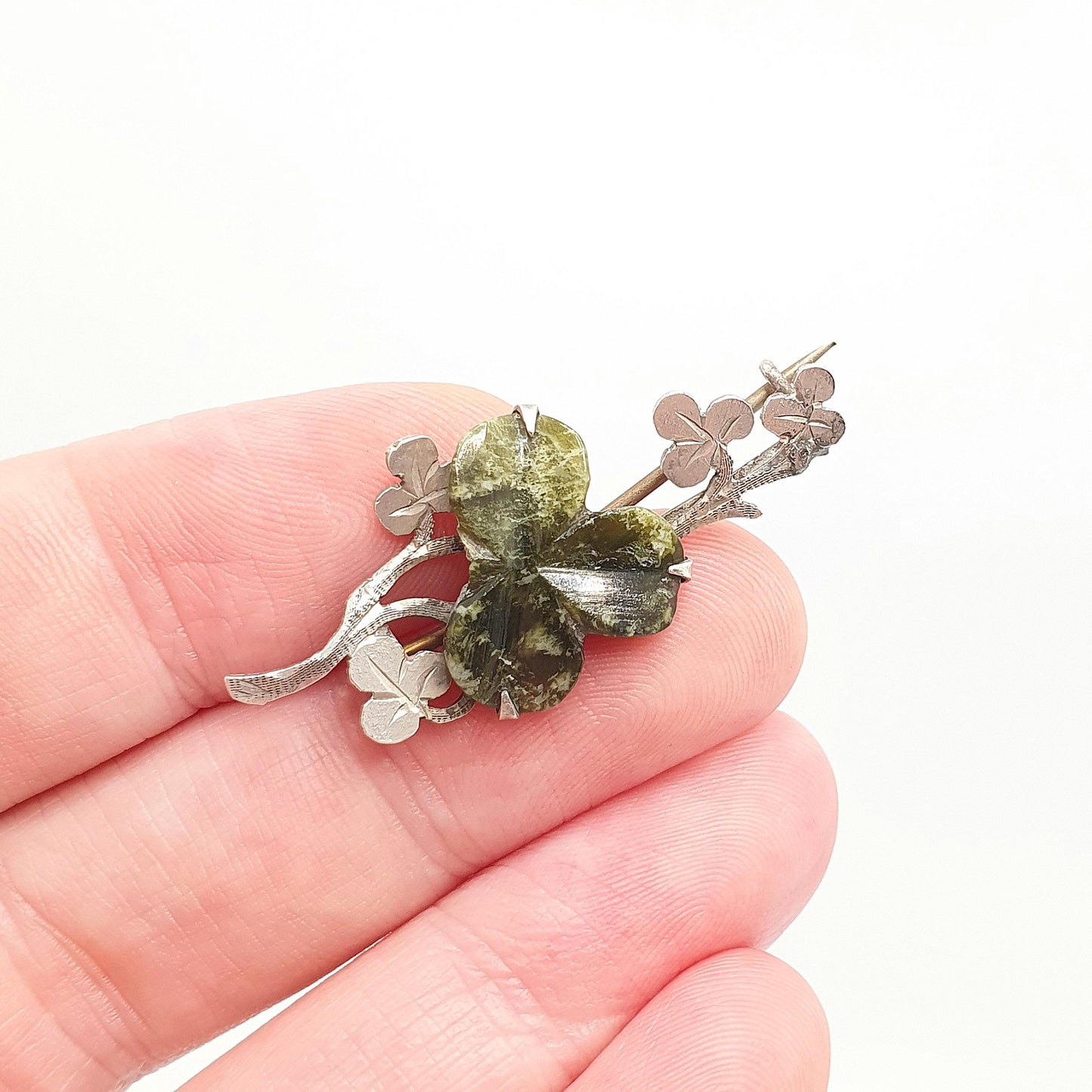Antique Connemara Clover Brooch Sterling Silver Victorian Lucky Irish 1894 Hallmark Three Leaf Green Marble Shamrock Celtic Vintage Jewelry