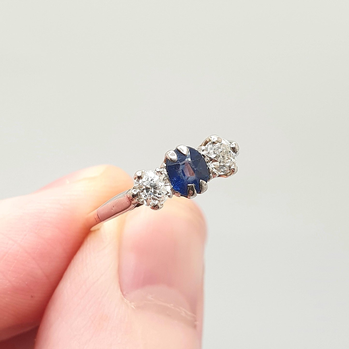 Antique Sapphire & Diamond Ring 18k 18ct Solid Gold 750 Trilogy Old Cut Art Deco 1920s Genuine Natural Gemstone Vintage Jewelry Jewellery