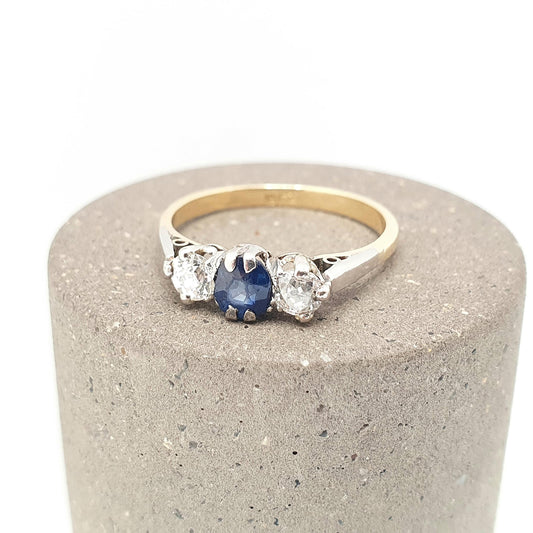 Antique Sapphire & Diamond Ring 18k 18ct Solid Gold 750 Trilogy Old Cut Art Deco 1920s Genuine Natural Gemstone Vintage Jewelry Jewellery
