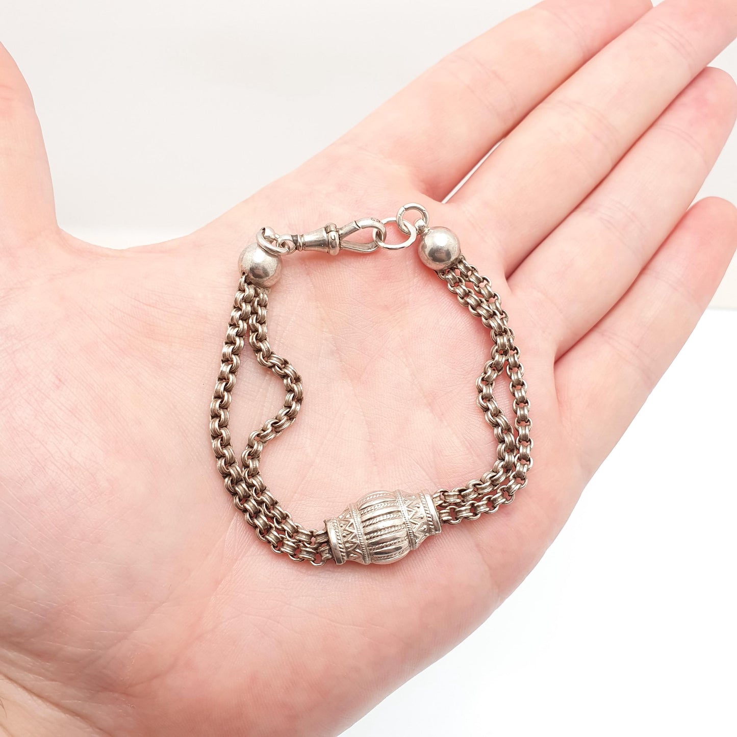 Antique Solid Silver Albertina Bracelet Victorian Etruscan Bead Belcher Link Engraved Chain 10.09g 19cm Vintage Womens Jewelry Jewellery
