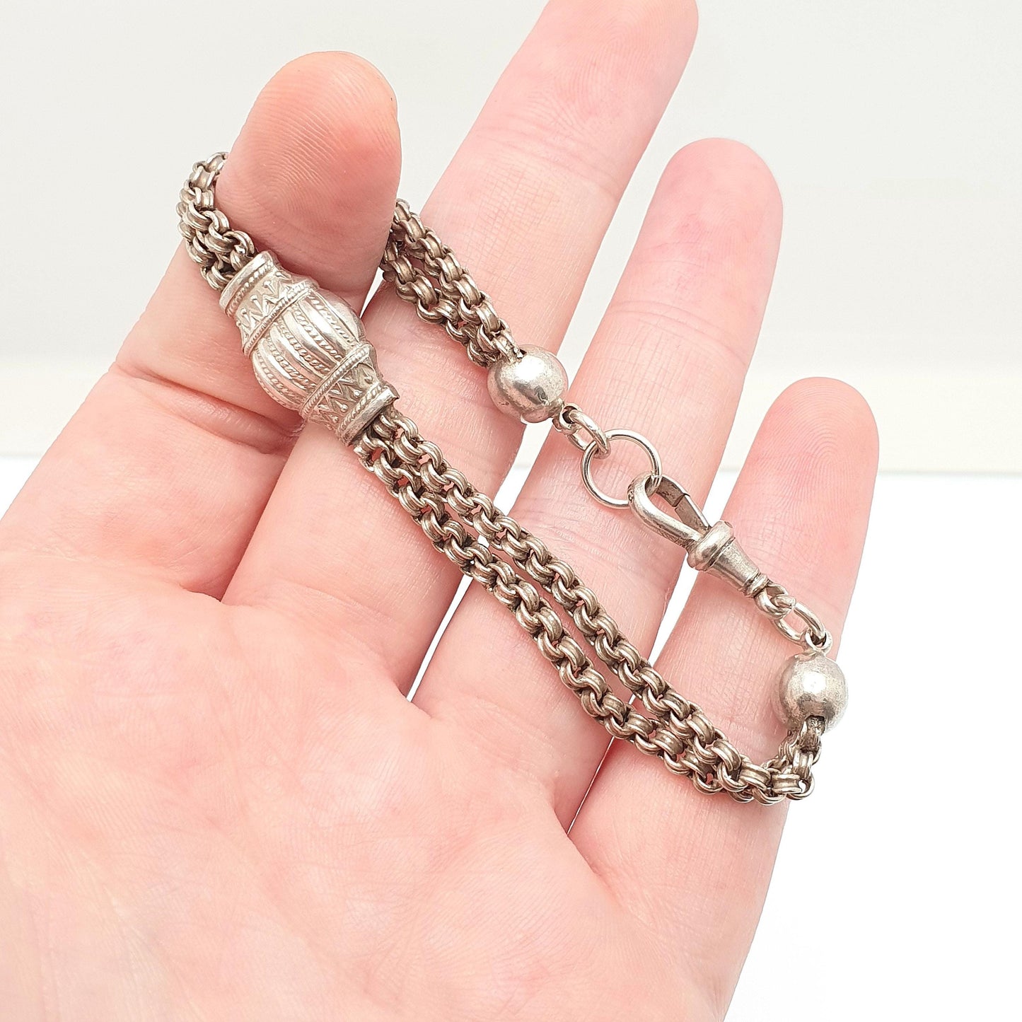 Antique Solid Silver Albertina Bracelet Victorian Etruscan Bead Belcher Link Engraved Chain 10.09g 19cm Vintage Womens Jewelry Jewellery