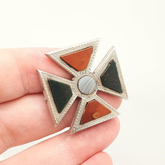 Antique Victorian Solid Silver Maltese Cross Brooch Pin Scottish Montrose Lace Agate Bloodstone Cruciform Crucifix 1800s Jewelry Jewellery