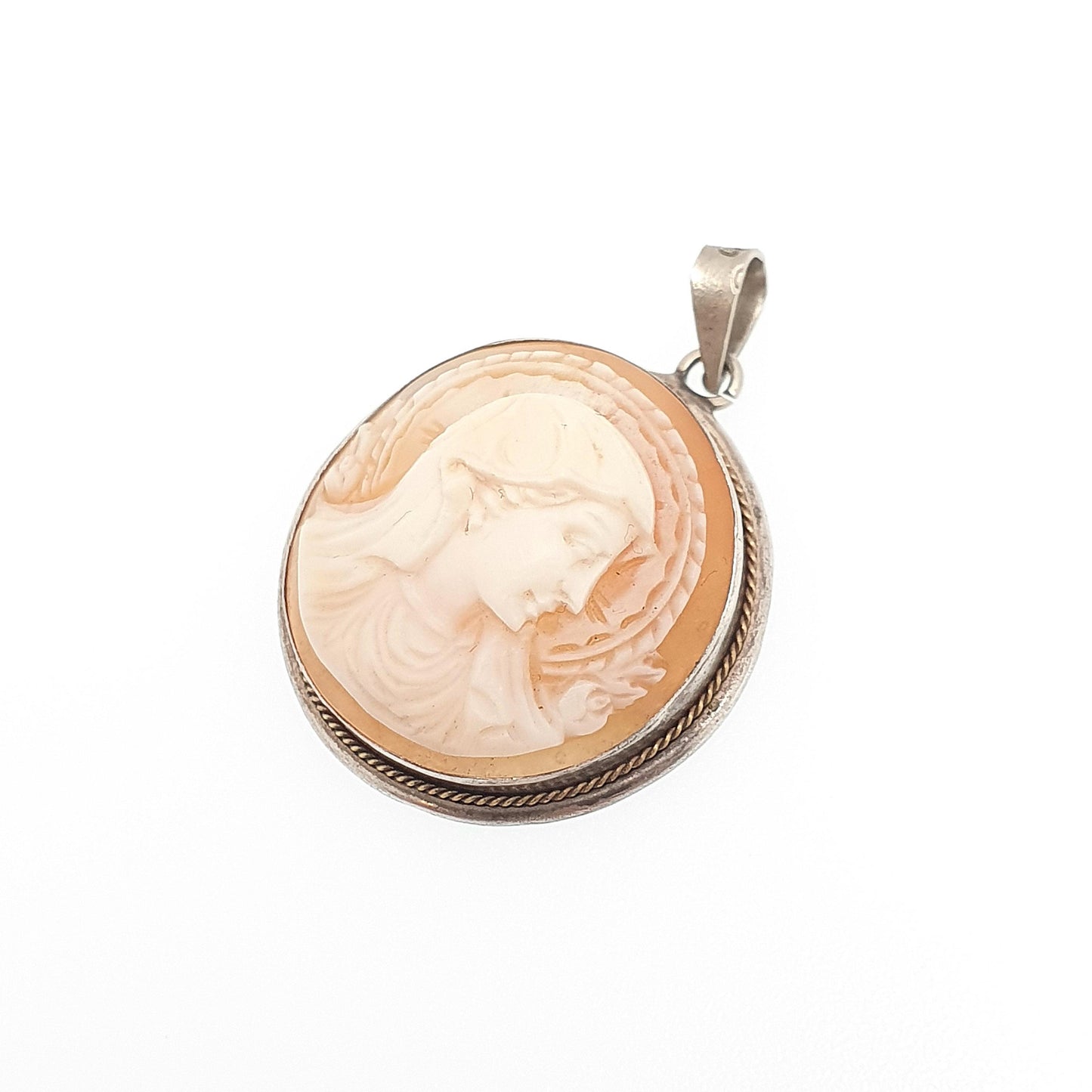 Antique Mother Mary Cameo Solid Silver Pendant Necklace Virgin Christian Catholic Hand Carved Shell High Relief Jewelry Womens Jewellery