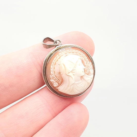 Antique Mother Mary Cameo Solid Silver Pendant Necklace Virgin Christian Catholic Hand Carved Shell High Relief Jewelry Womens Jewellery