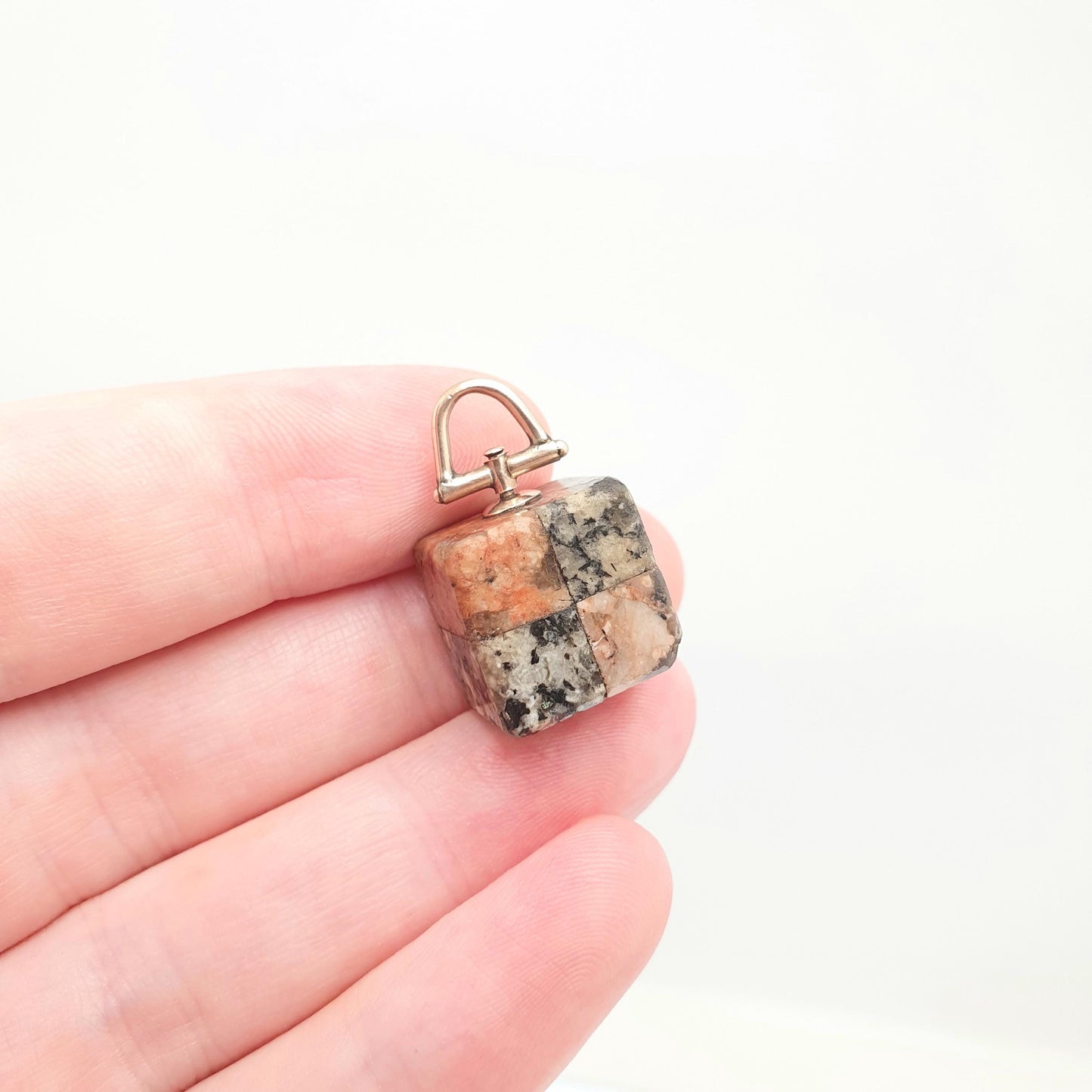 Antique 9ct 9k Gold Aberdeenshire Granite Pendant Fob Necklace Square Cube Battenburg Pink Grey Scottish Charm Hardstone Jewelry Jewellery