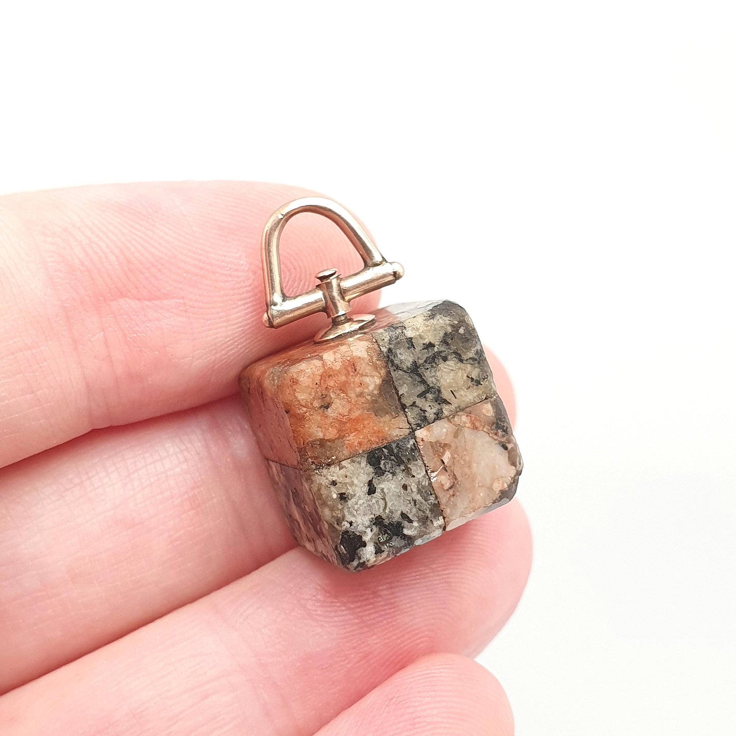 Antique 9ct 9k Gold Aberdeenshire Granite Pendant Fob Necklace Square Cube Battenburg Pink Grey Scottish Charm Hardstone Jewelry Jewellery