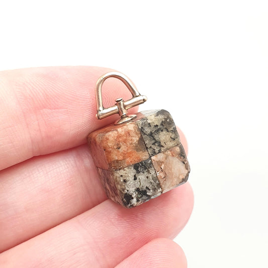 Antique 9ct 9k Gold Aberdeenshire Granite Pendant Fob Necklace Square Cube Battenburg Pink Grey Scottish Charm Hardstone Jewelry Jewellery