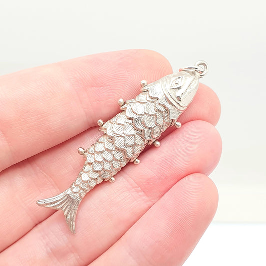 Vintage Solid Silver Articulated Fish Pendant Necklace Large Big Chinese Style Hinged Moving Tail Retro Mens Womens Jewelry Jewellery